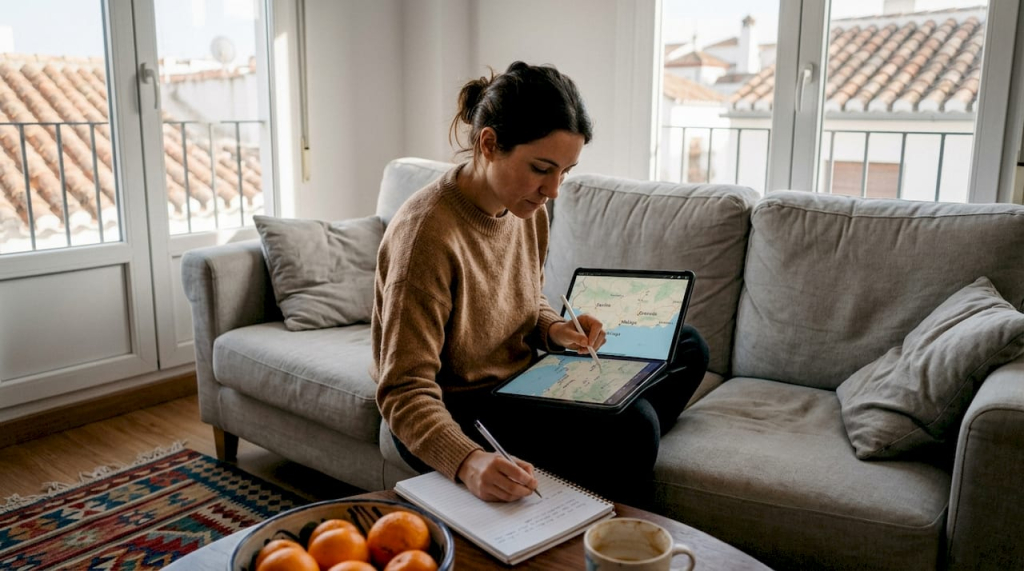 Woman researching Spanish holiday rentals at home