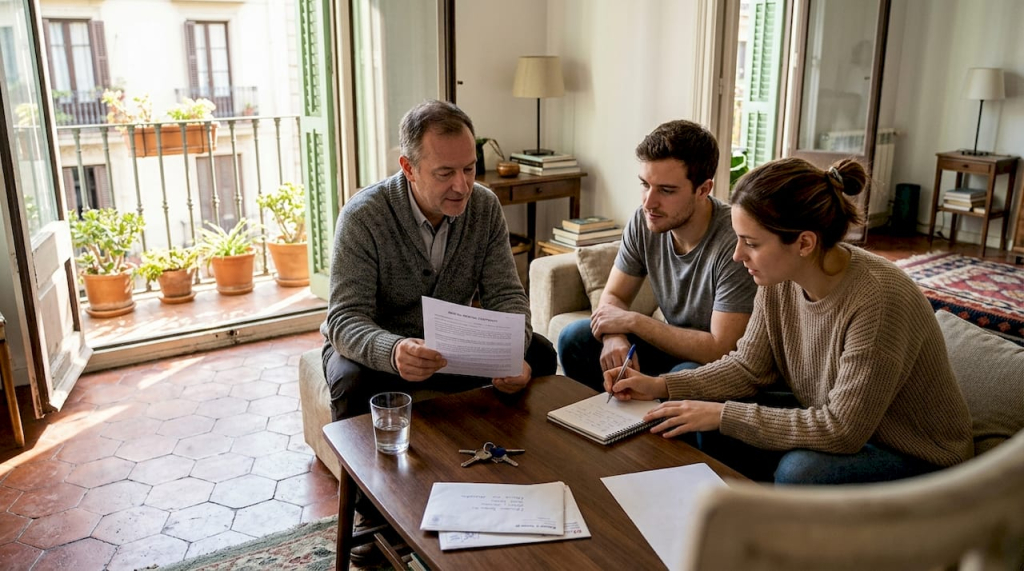 Landlord and tenants reading rental contract in sunny living room