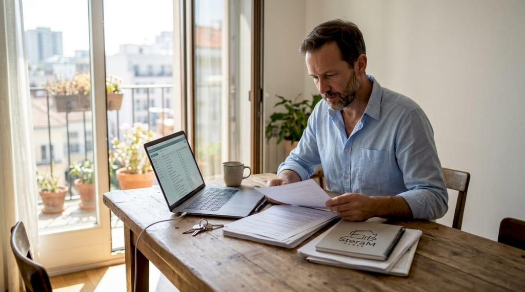 Landlord sorting rental paperwork at home