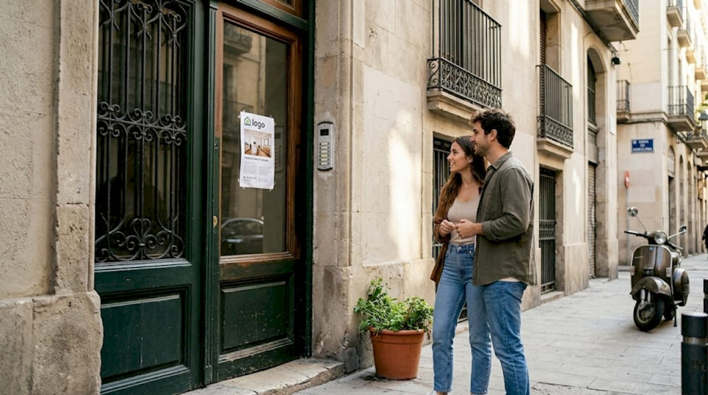 Couple outside Spanish apartment building