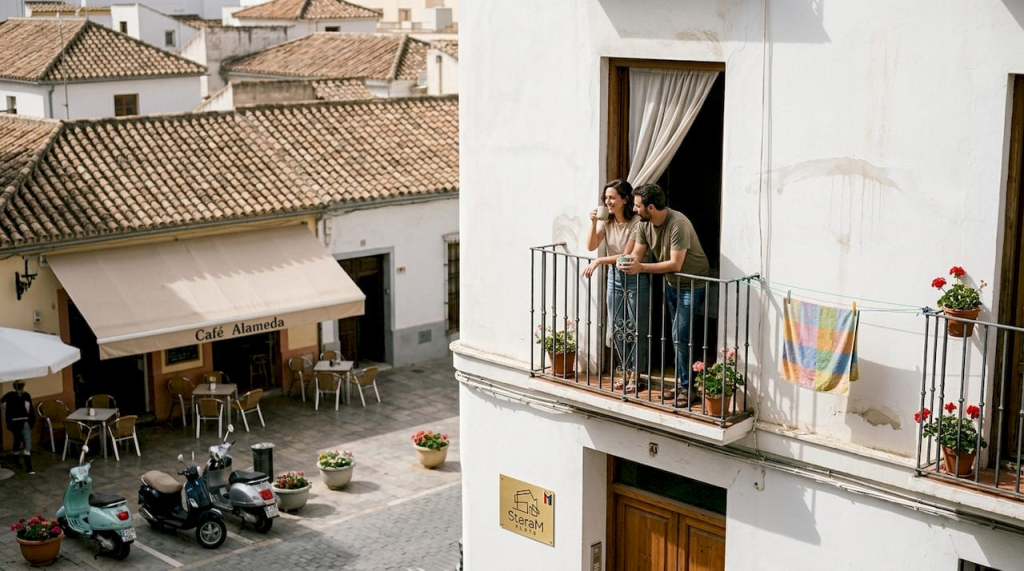 Vacation apartment balcony overlooking Málaga plaza