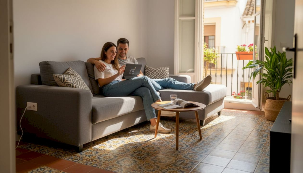 Couple relaxing in bright Spanish living room