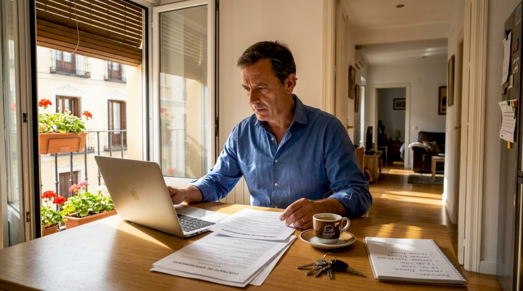 Landlord reviewing rental contracts at kitchen table
