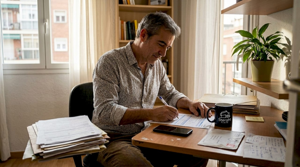 Spanish landlord completing rental license paperwork