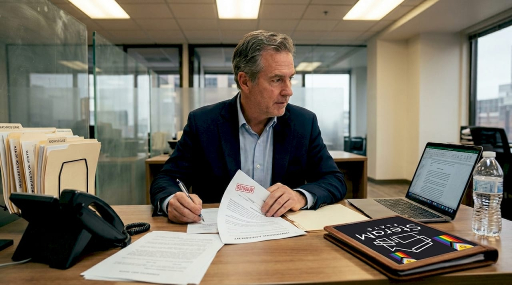 Man filling property registration paperwork Spain