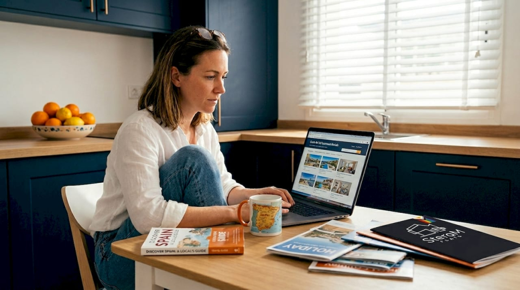 Woman booking Spanish rental at kitchen table