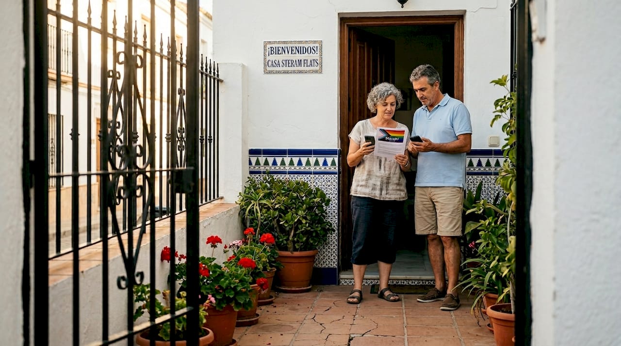 Couple arriving at Andalusian townhouse