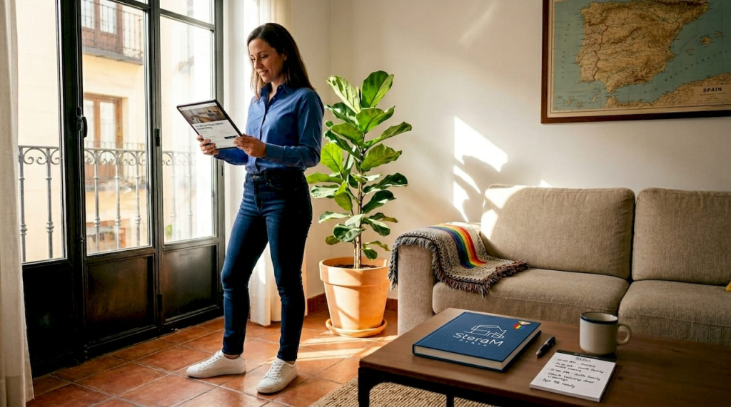 Vacation rental manager reviewing listing in Spanish apartment