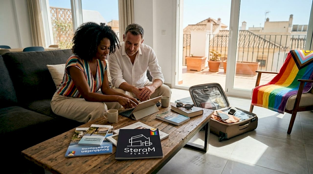 Couple planning vacation in Spanish rental