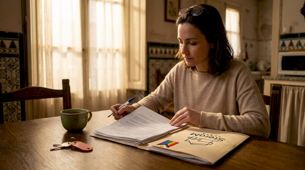 Woman reviewing rental contract at dining table