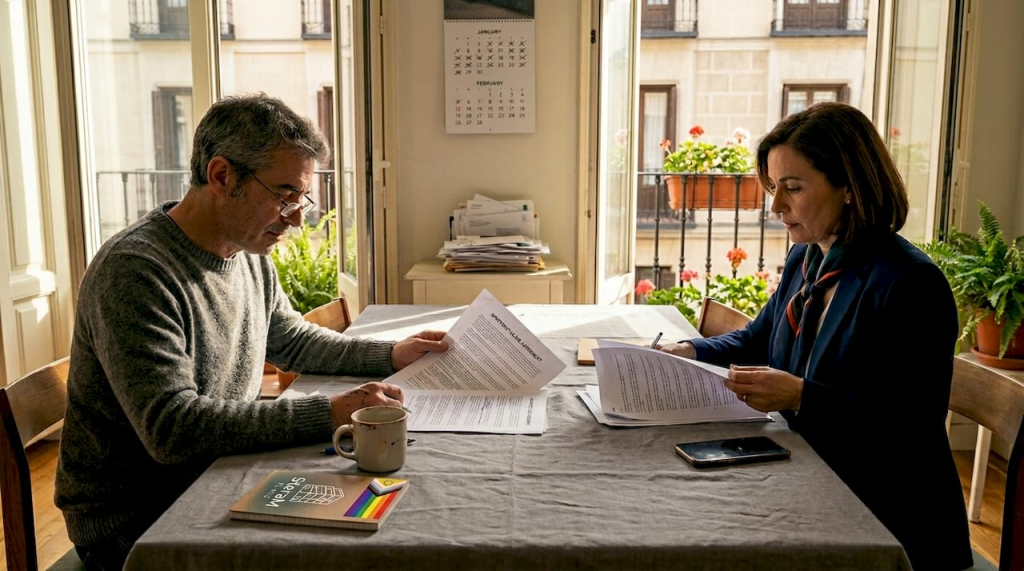 Spanish tenants and landlord signing rental contract