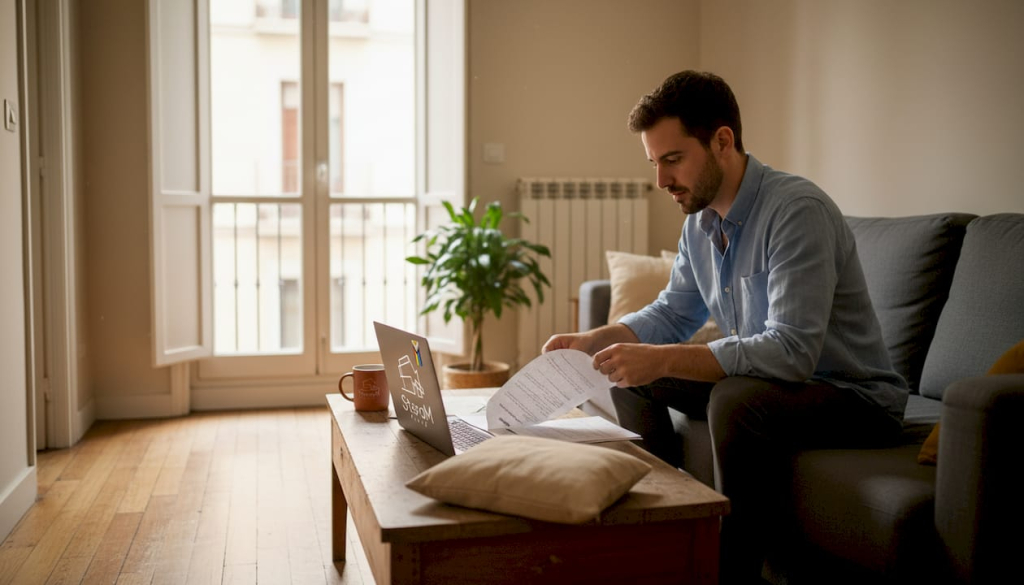 Tenant reading rental contract in Spanish city flat