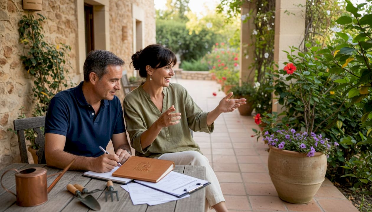 Homeowners reviewing property checklist on balcony