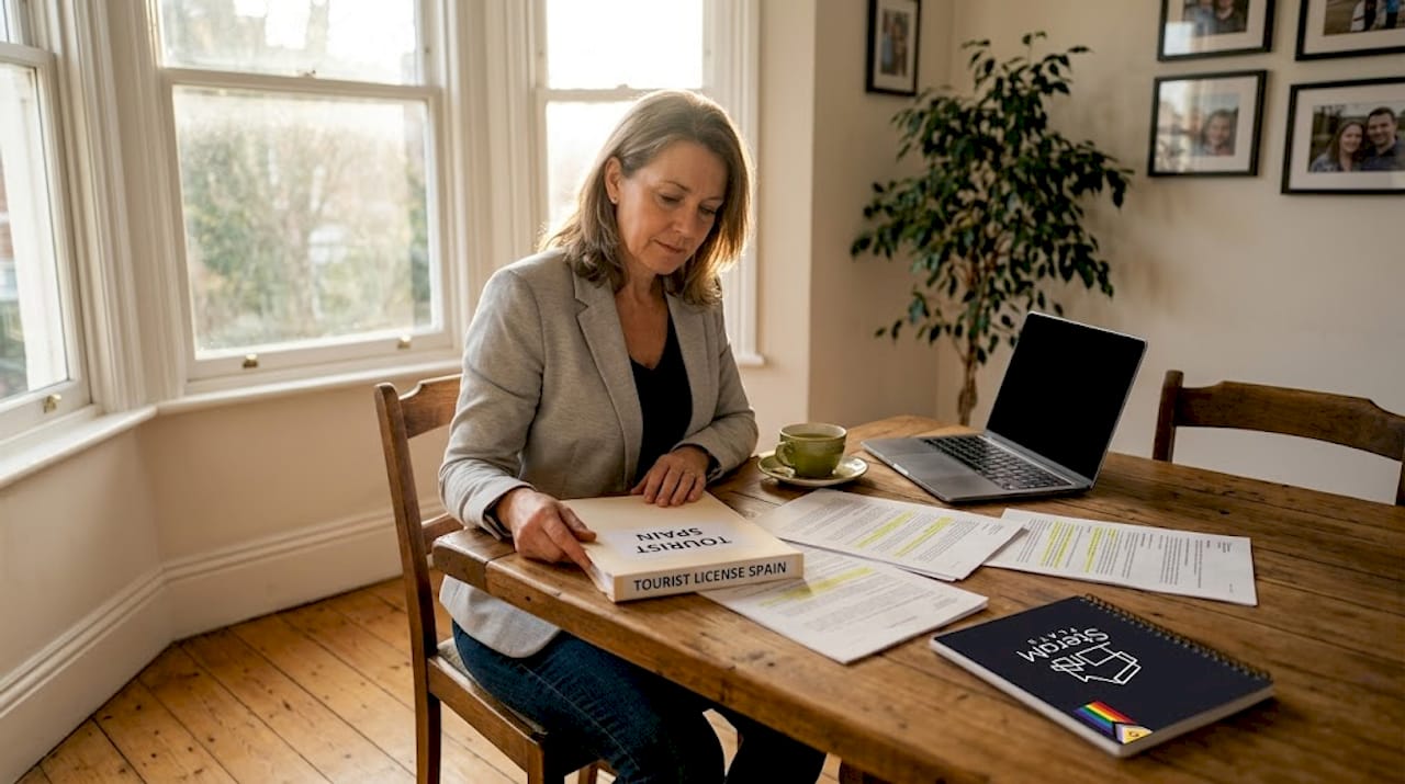 Woman reviewing tourist license documents at home