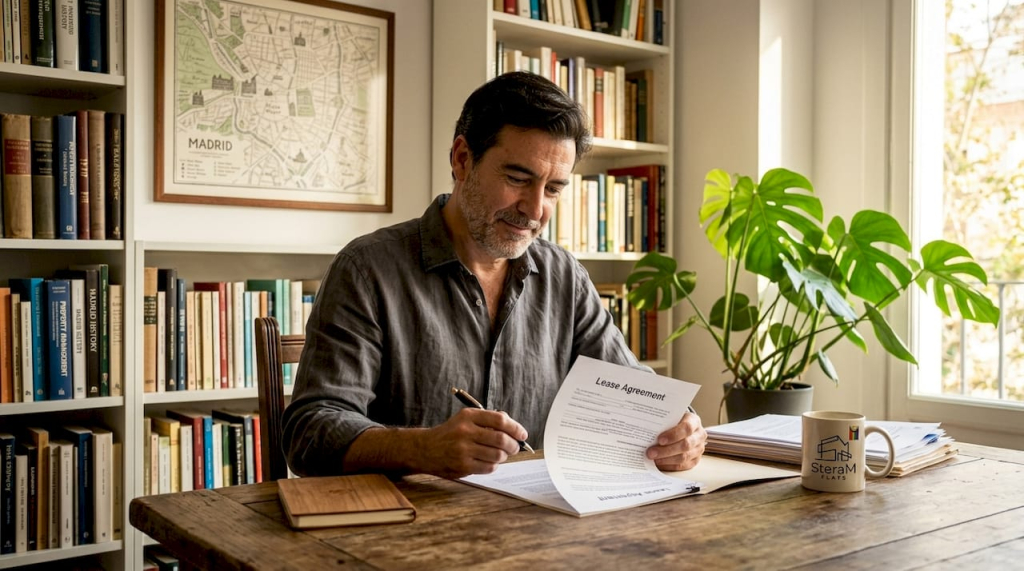 Spanish landlord reviews rental contract at home table