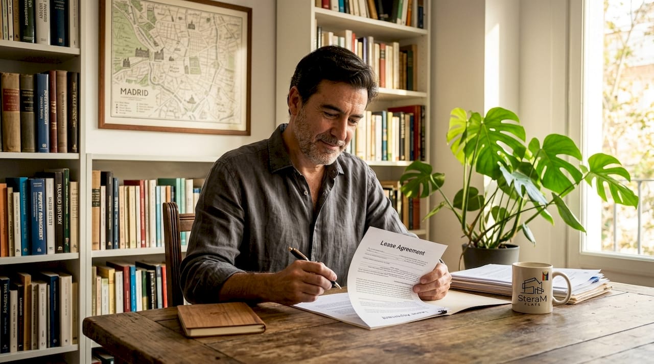 Spanish landlord reviews rental contract at home table