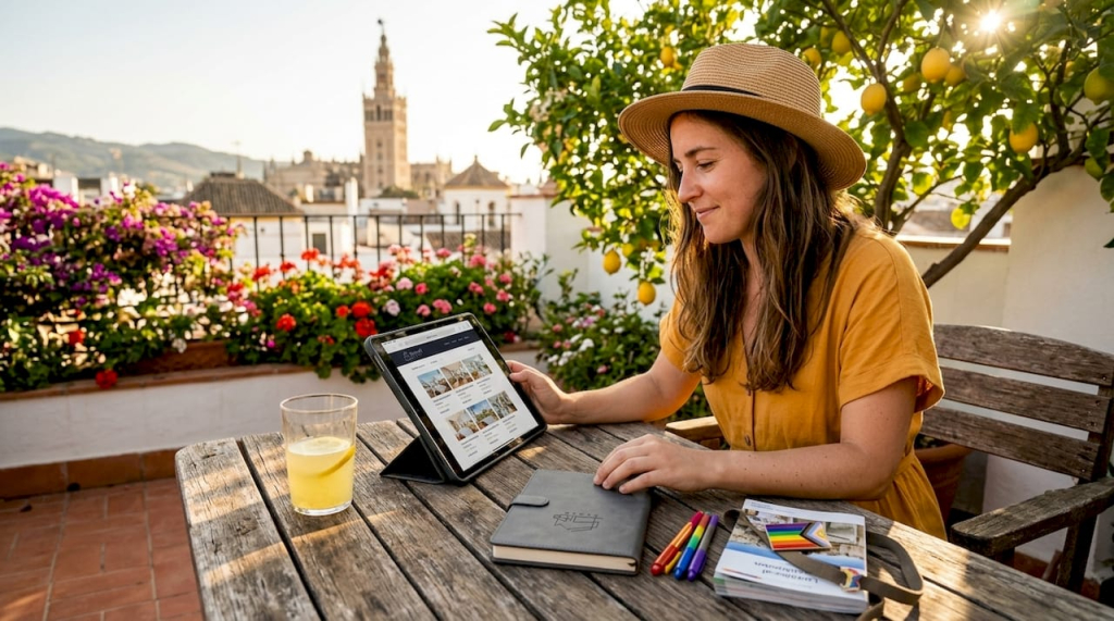 Tourist browsing southern Spain rentals on balcony