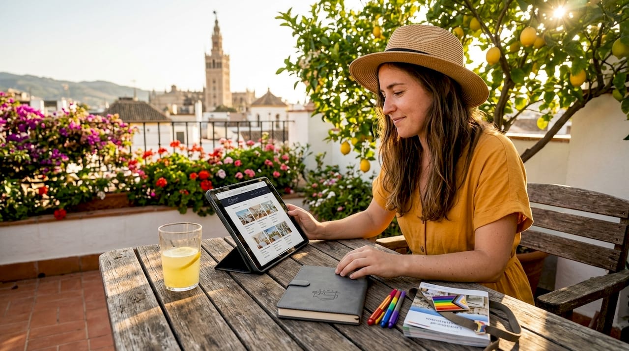 Tourist browsing southern Spain rentals on balcony