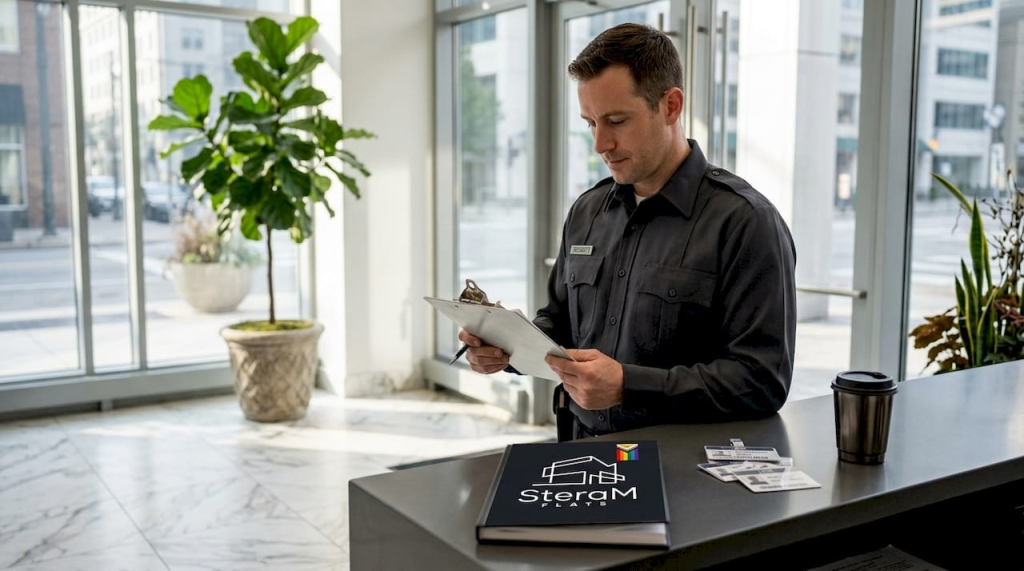 Security officer reviewing logbook in lobby