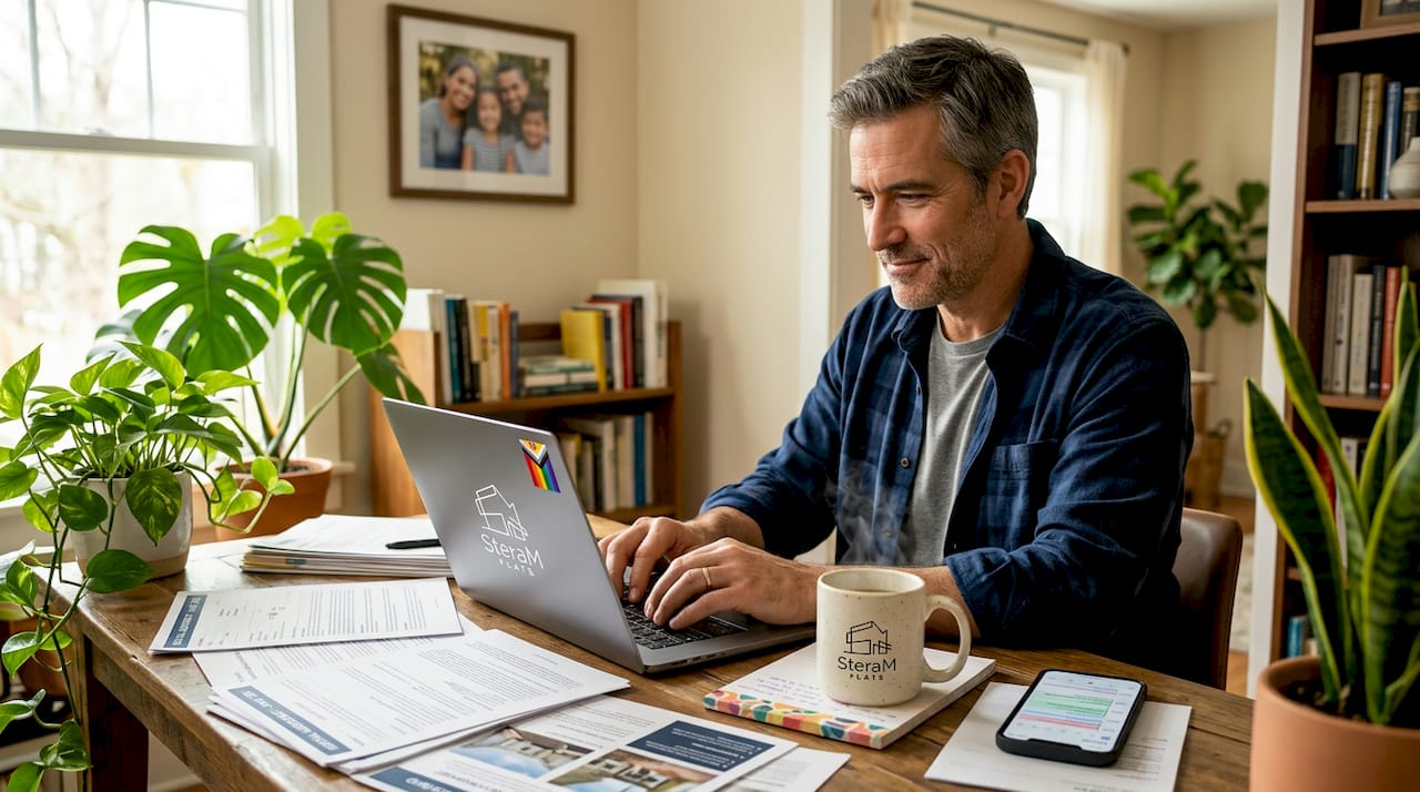 Landlord managing property at home table