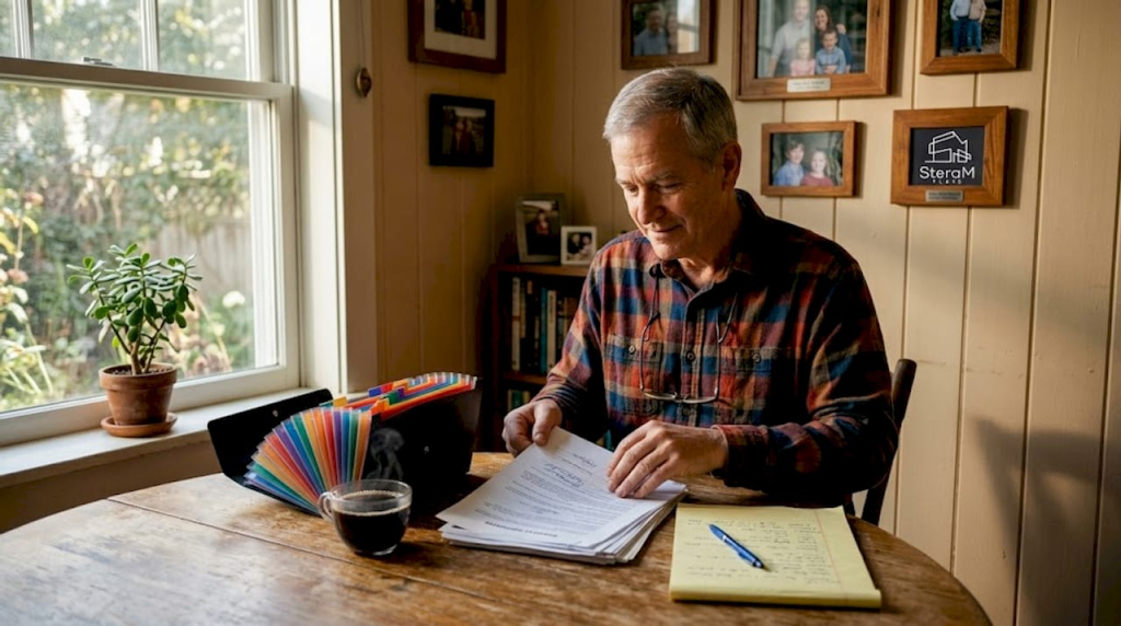 Landlord organizing rental documents at desk