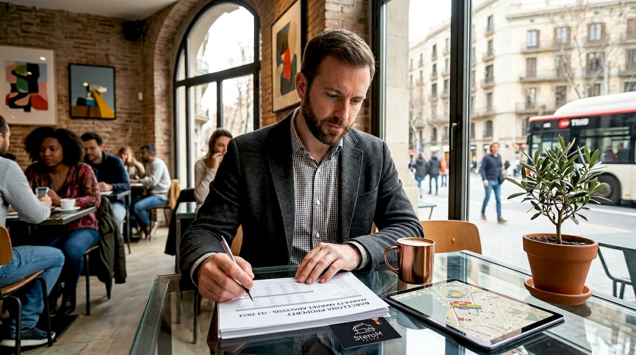 Investor reviews tourist property data in hotel lounge