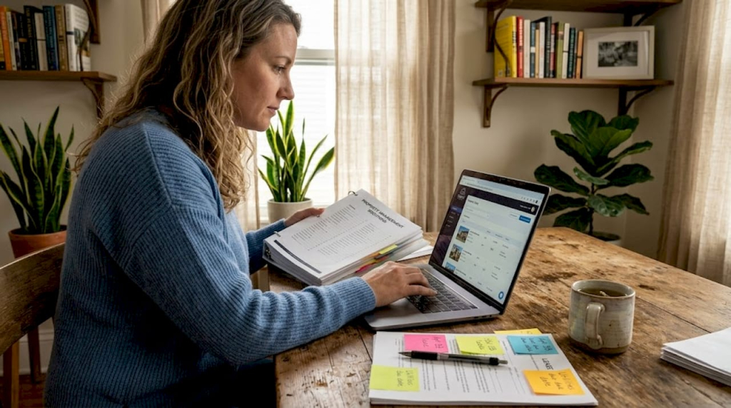 Investor working at home reviewing property agreements