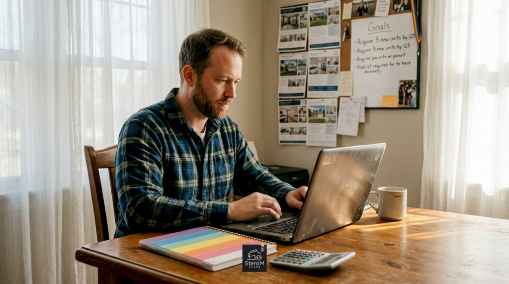Investor calculating property rental yield at kitchen counter