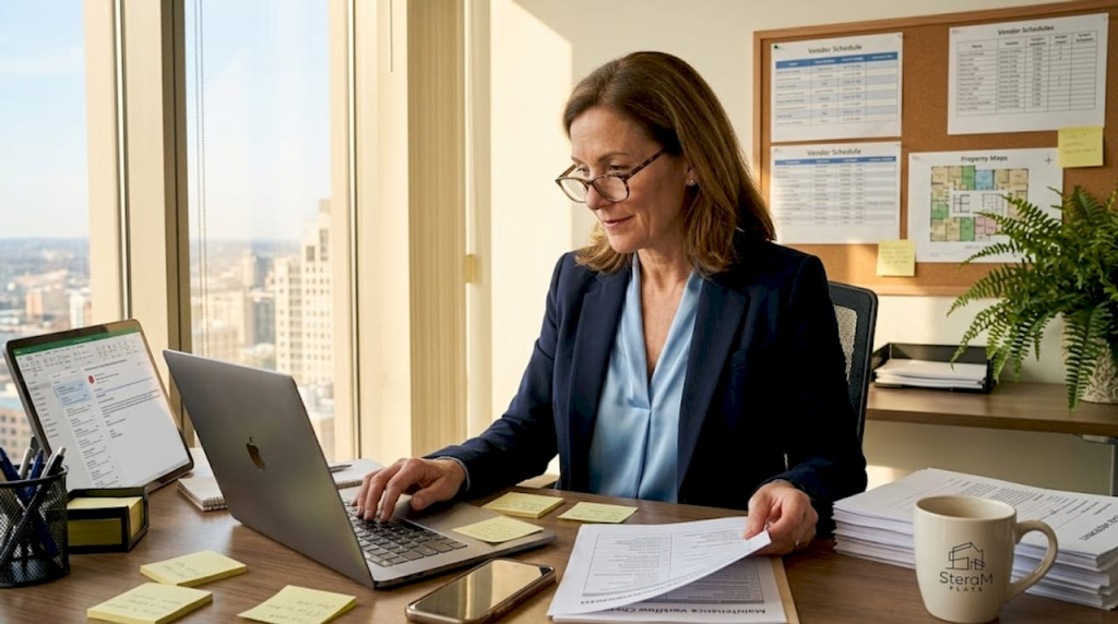 Property manager reviewing workflow in office