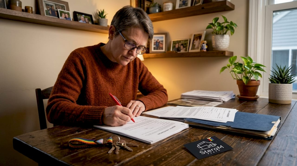 Landlord reviewing rental agreement paperwork at home