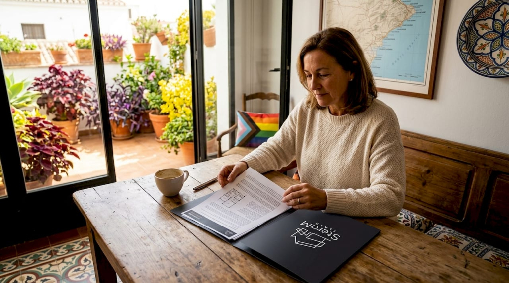 Foreign buyer reviewing property listings in Spanish apartment