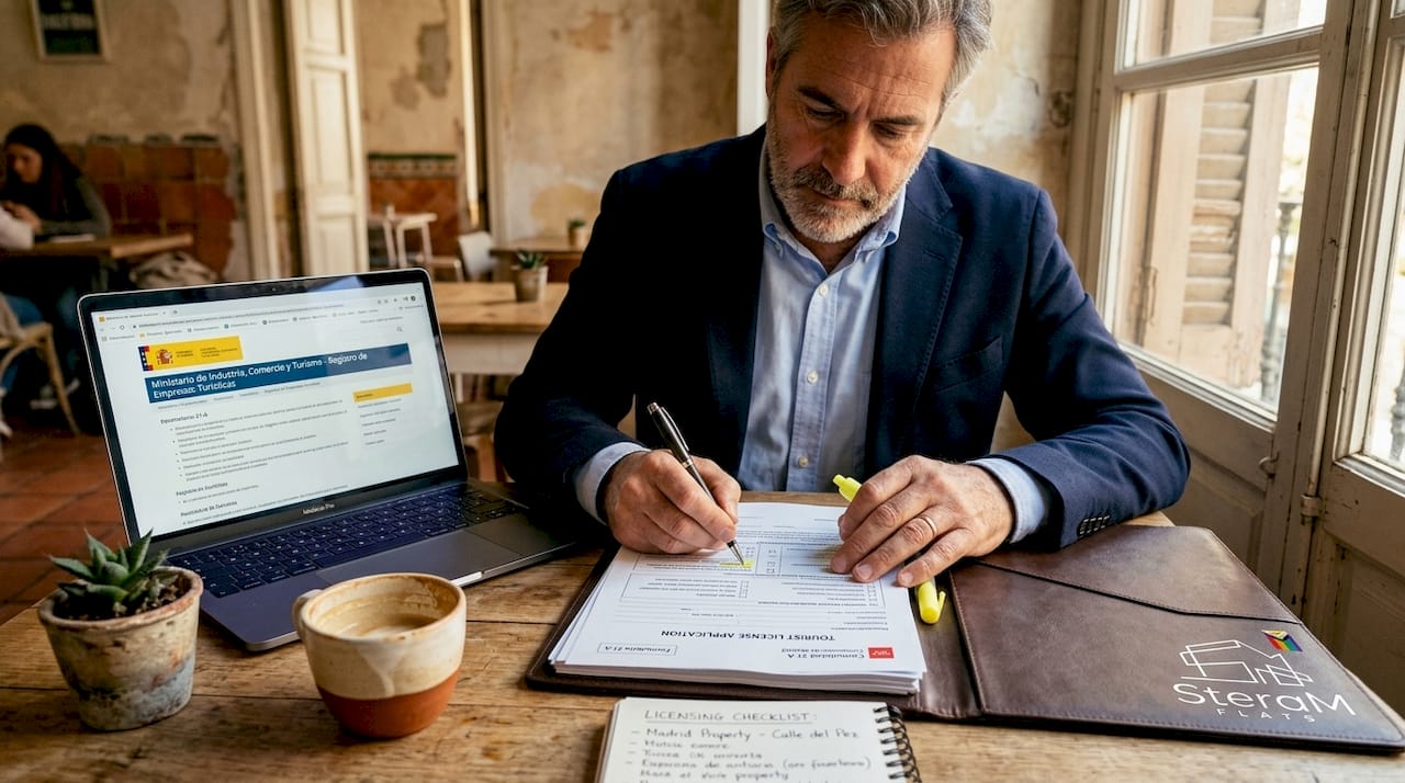 Man reviewing tourist license documents at home