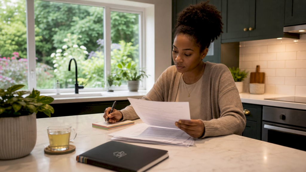 Woman reviewing tenancy contract documents at table