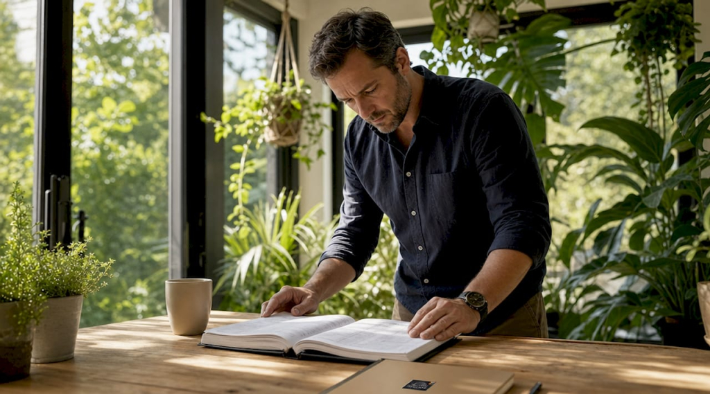 Property manager reviewing tenant ledger book