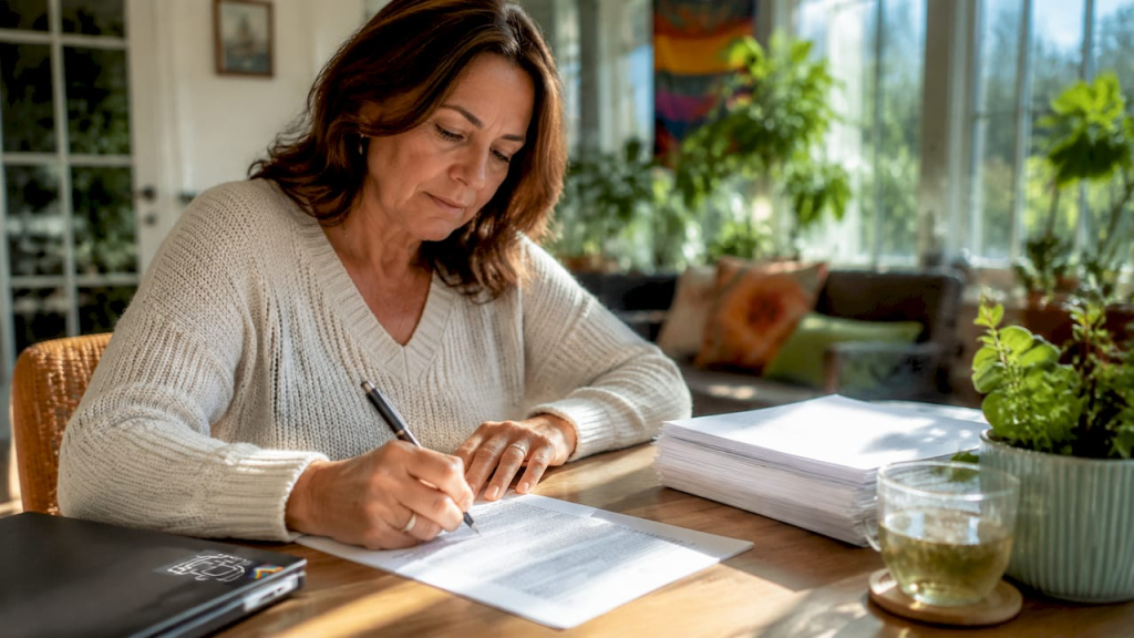 Woman signing real estate contract in office