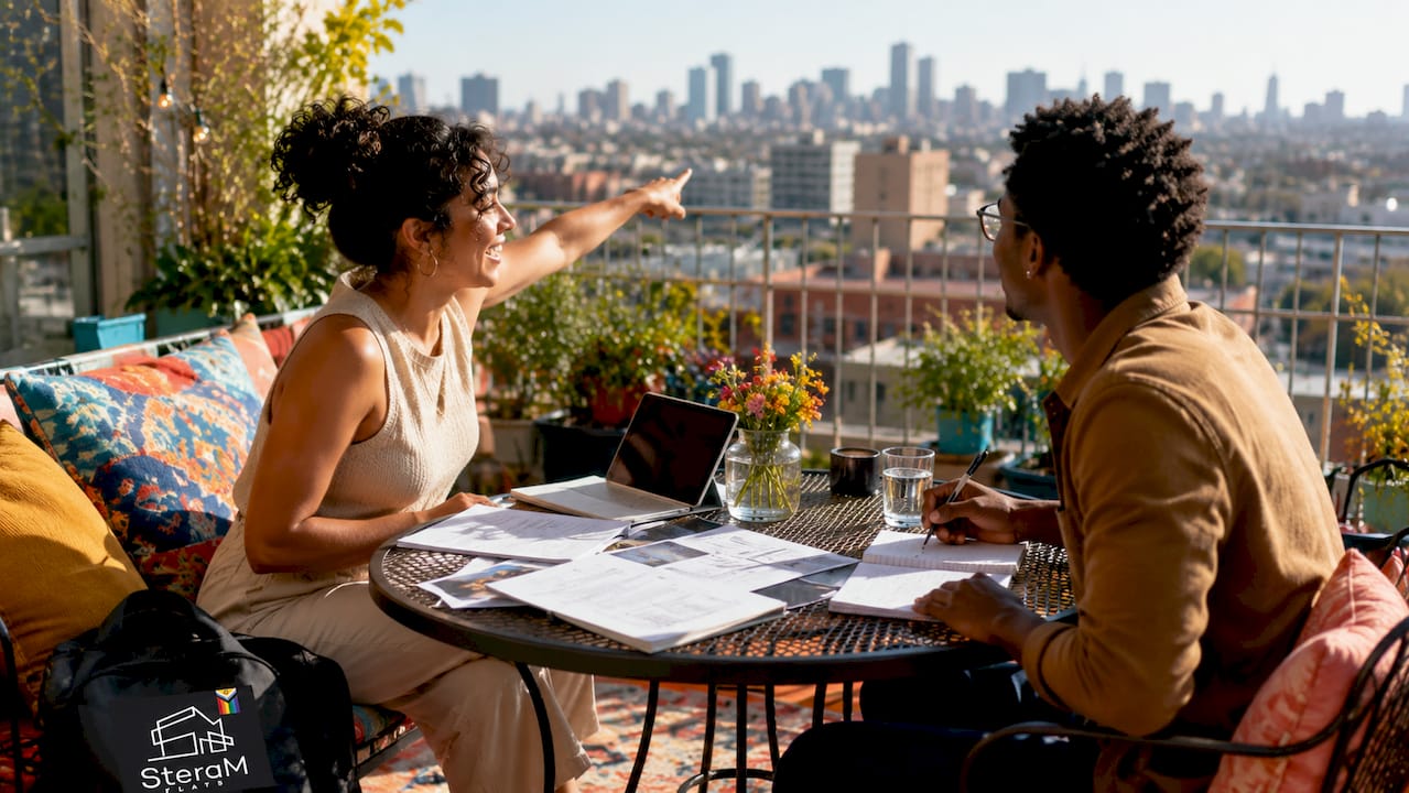 Couple reviewing rental options in empty apartment