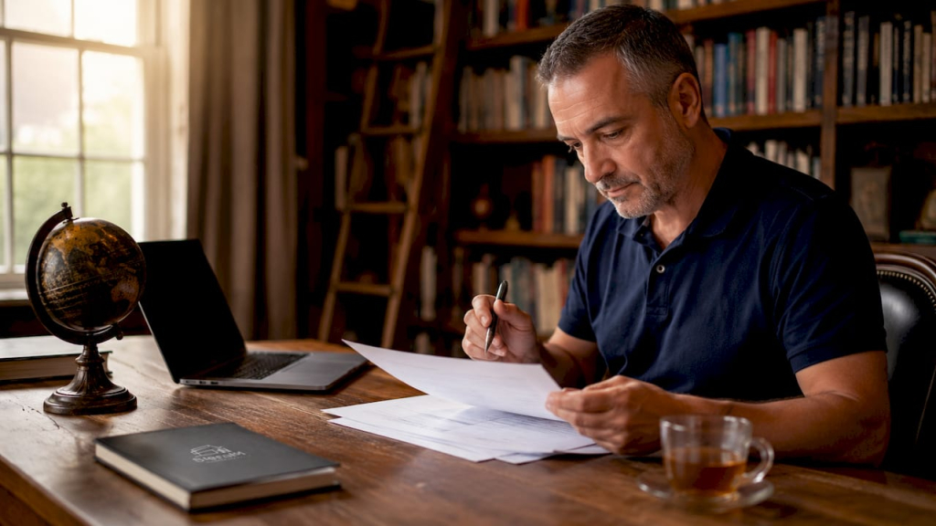 Man reviewing holiday home financing documents