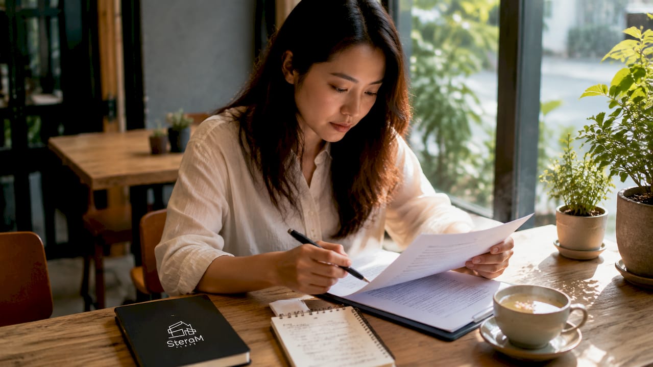 Woman reviewing lease agreement at home table