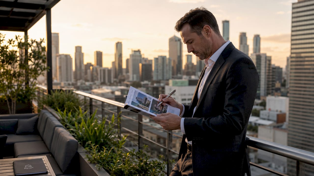 Commercial property agent reviewing brochures in office