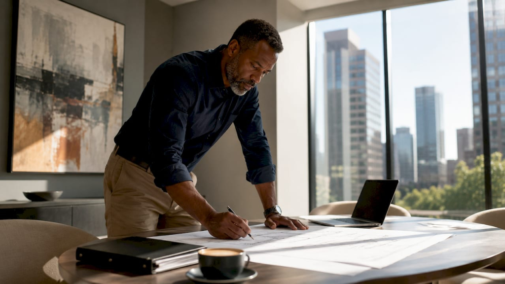 Project manager reviewing blueprints in office