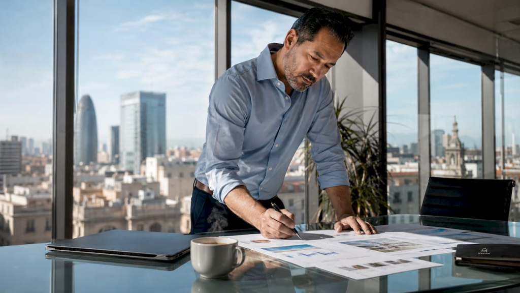 Real estate consultant reviewing reports in office
