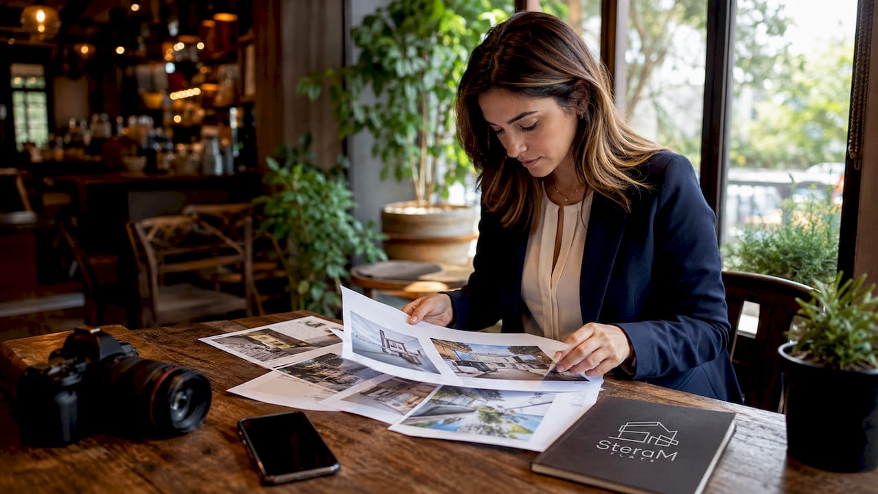 Agent reviewing property marketing materials