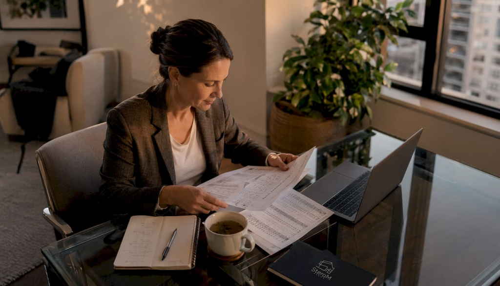 Landlord reviewing rental income paperwork