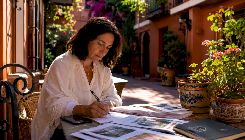 Woman planning property search at kitchen table
