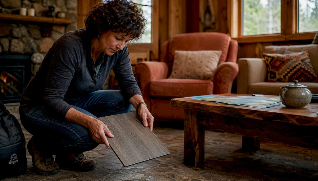 Woman inspecting flooring in vacation rental property