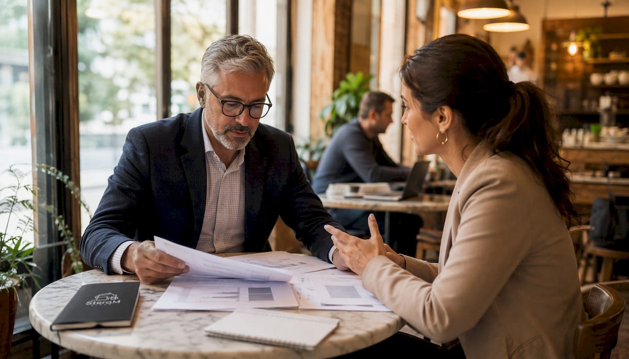 Real estate consultant advising client in meeting room