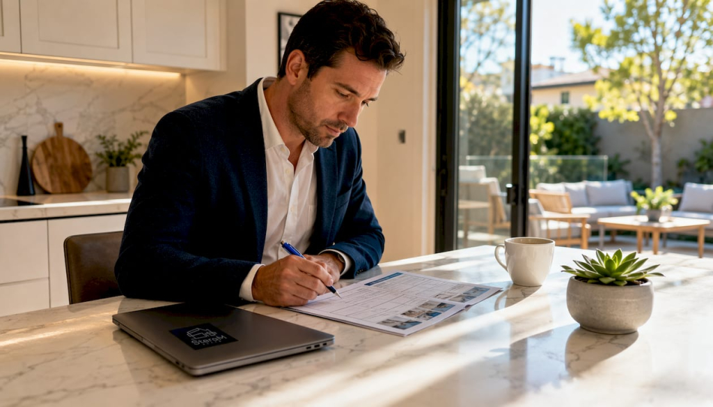 Real estate agent reviewing property checklist