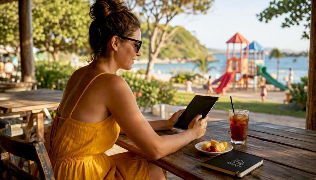 Woman browsing vacation rentals outdoors in Benalmadena