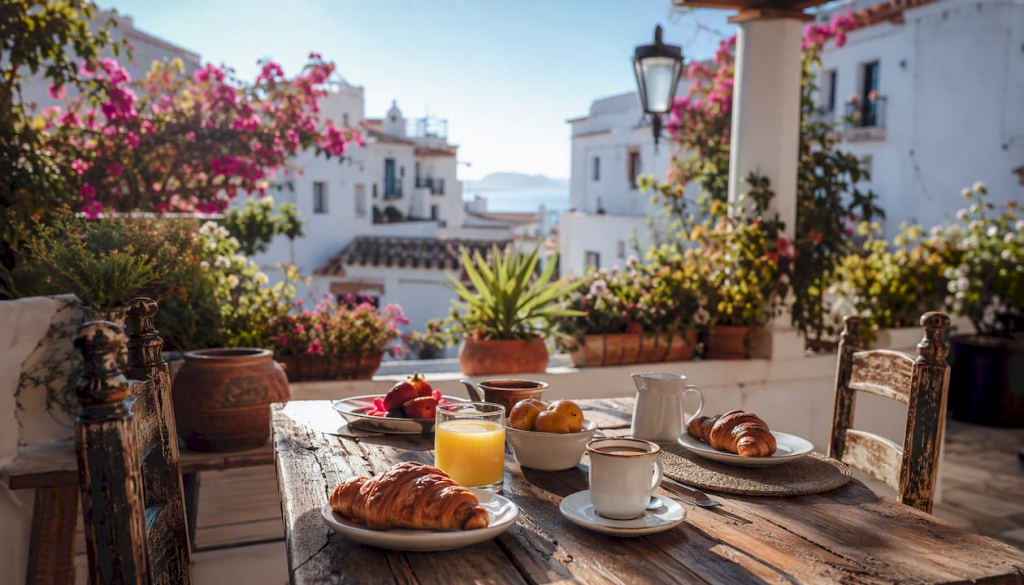 Sunlit Spanish balcony with breakfast setting