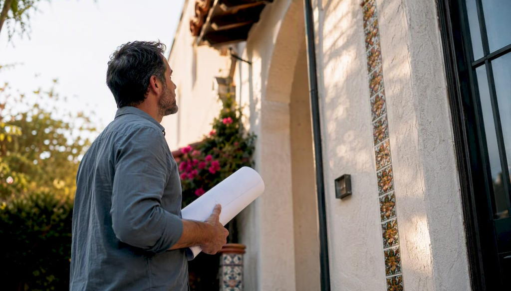 Homeowner inspecting Spanish property facade